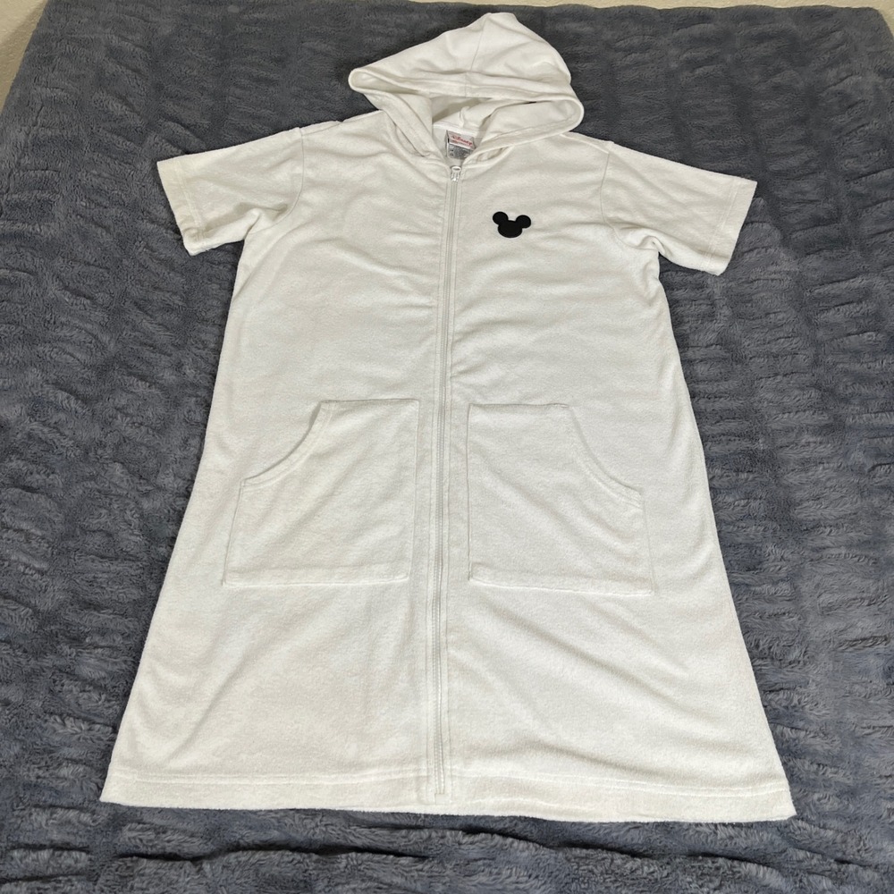 Disney Store Mickey Mouse White Terry Cloth Zip Up Hooded Swim Cover Up S/M
